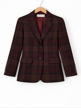 Evan Picone~Womens VTG 70s~Union Made Blazer Sportcoat~Burgundy Plaid~Wool~SM